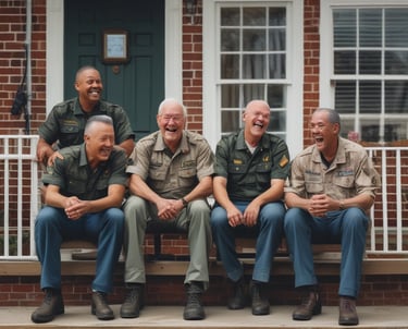 A group of veterans and families smiling in front of newly built affordable homes on a sunny day.