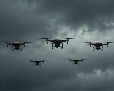 Close-up of a rugged, custom-built drone frame designed for military use, resting on a workbench with tools around.
