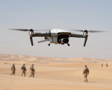 Military personnel participating in a drone training session outdoors, with instructors guiding them through drone controls.