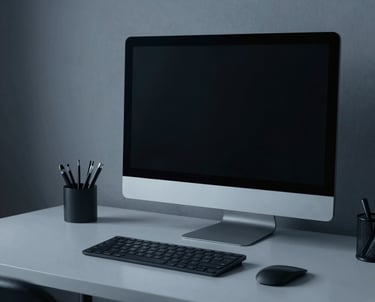 A sleek workspace with a laptop displaying a crisp, navy and ice blue themed website design.