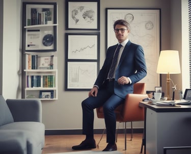 A confident CEO reviewing ISO 20022 certification documents in a modern office.