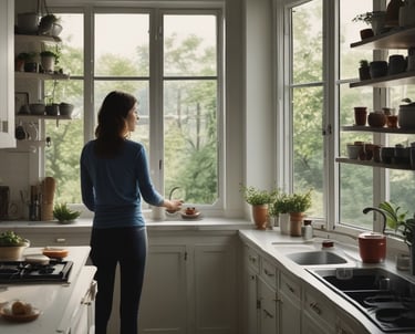 A warm, sunlit kitchen where a mom lovingly prepares a healthy meal, surrounded by travel souvenirs and cozy home decor.