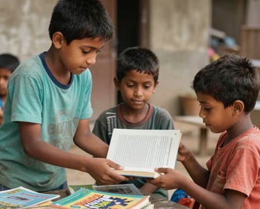 A smiling child reading a book in a bright classroom.