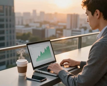 A modern office workspace with professionals collaborating over financial charts and laptops.