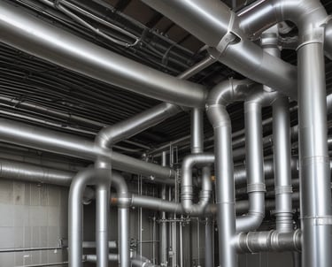 Technicians assembling hydraulic piping system in industrial setting.