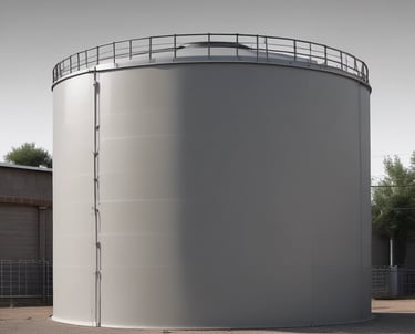 Modern water reservoir installation with blue sky background.