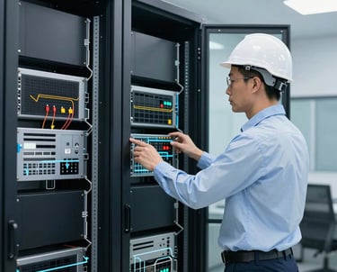 A professional technician setting up secure network hardware in a modern office environment.