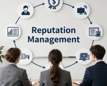 Three people looking at a witeboard with different parts of reputation management displayed