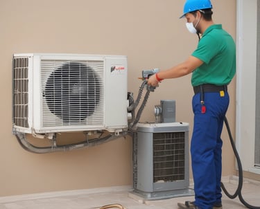 A professional technician cleaning an air conditioning unit in a modern Saudi home.