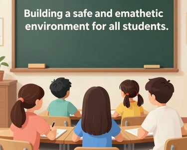 A caring teacher comforting a student in a school hallway.