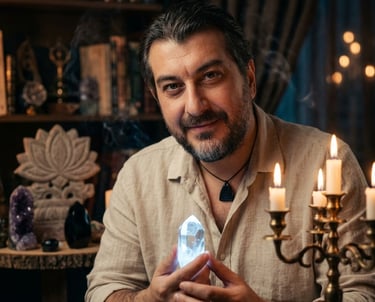 A spiritual male healer holding a glowing quartz crystal in a candlelit study with books and gemstones.