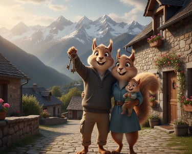 a couple of squirrels are standing in front of a house