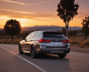A sleek black car parked by a scenic UK countryside road at sunset.