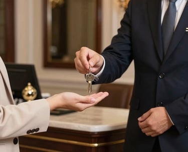 A concierge handing over keys to a happy property owner in a stylish rental home.