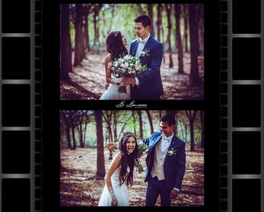 Diptyque mariage en forêt : regards tendres et fous rires complices, robe dentelle et costume bleu.