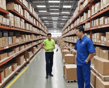 Close-up of hands reviewing product samples and supplier contracts in a busy workspace.