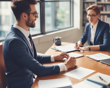 A friendly consultant discussing import plans over a laptop with a client in a modern office setting.