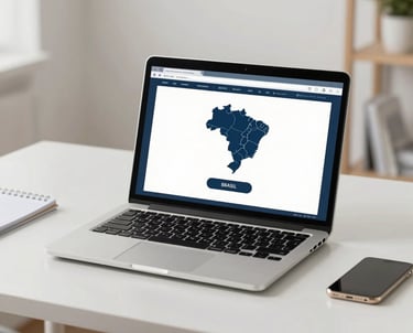 A minimalist workspace featuring a high-end laptop with a secure interface open, symbolizing efficient online legal services across Brazil, clean and airy aesthetic.