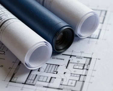 Macro shot of architectural blueprints and trademark documents, representing the fusion of innovation and legal protection, with a clean navy blue and grey palette.