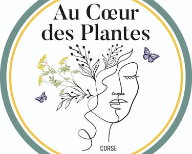 Au Cœur des Plantes Corse logo featuring line art of a woman's face with botanical flowers and butterflies.