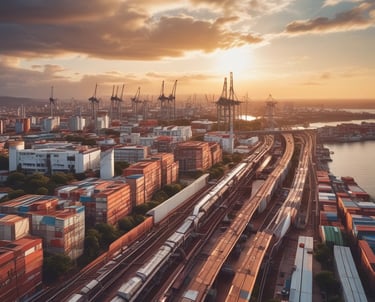 A logistics hub with trucks and warehouses symbolizing strategic distribution.