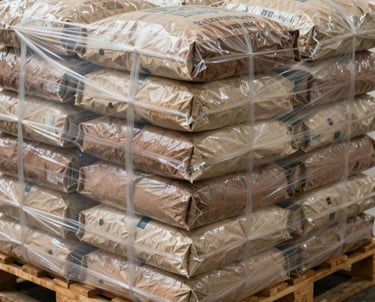 A pallet of 25kg cocoa powder bags stacked neatly and shrink-wrapped, ready for international shipping. The scene reflects high-volume global supply and logistical efficiency. Neutral beige and tan tones.