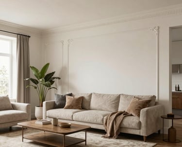 Close-up of elegant white crown molding perfectly fitted along a living room ceiling.