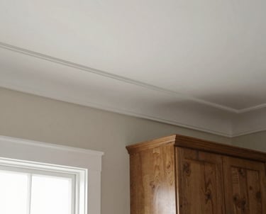 Freshly painted crown molding framing a cozy living room ceiling.