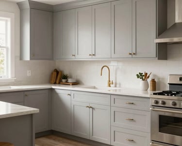Close-up of elegant cabinet knobs and handles installed on wooden kitchen cabinets.