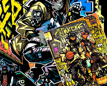 Vibrant street art illustration featuring an anime girl on a skateboard and urban hip-hop characters.