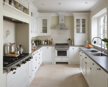 Close-up of a large kitchen island with shaker-style cabinetry in warm earthy hues, showcasing clean lines and functional storage.