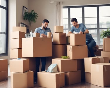 A friendly team of movers carefully packing household items into boxes in a bright, organized workspace.