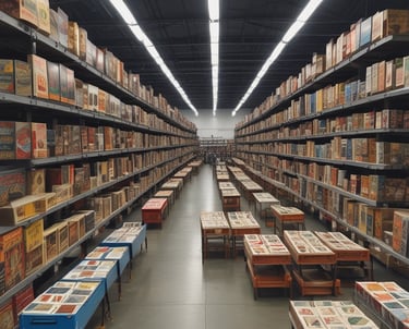 Colorful assortment of toys neatly displayed on shelves in a bright store.