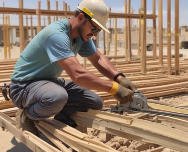 Construction workers laying bricks on a sunny Qatar building site.
