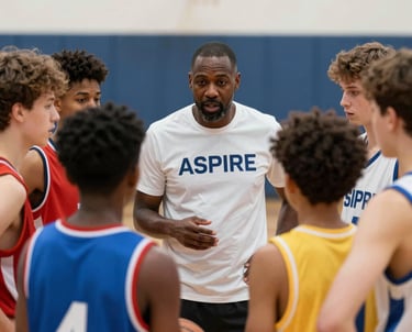 Children practicing basketball drills on a school gym court with a coach guiding them.