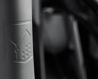 Dystrict logo engraved logo on titanium bicycle frame head tube.