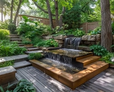 Modern backyard garden with a multi-level stone waterfall, wooden deck, and lush landscaping.