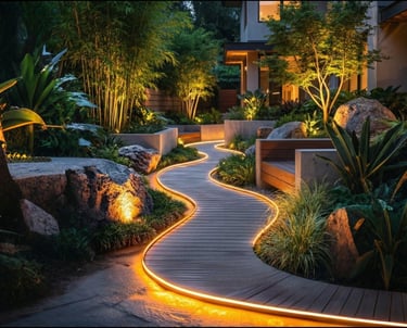 Modern garden path with curved wooden decking and warm LED strip lighting at night.
