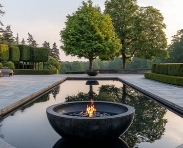 Luxury modern fire bowl feature in a reflective garden pool surrounded by stone patio and manicured trees.
