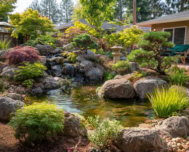 Backyard garden pond with a cascading stone waterfall, Japanese maples, and a stone lantern.