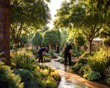 Professional landscapers maintaining a lush garden with stone paths and decorative trees.
