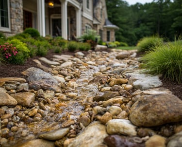 Custom stone dry creek bed and backyard water feature landscaping for a luxury home.