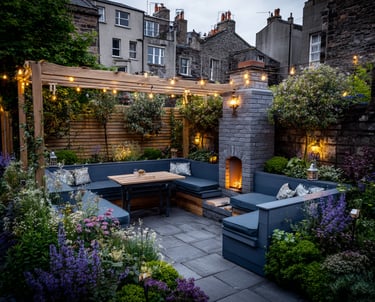Modern patio garden with a grey brick fireplace, wooden pergola, string lights, and blue built-in seating.