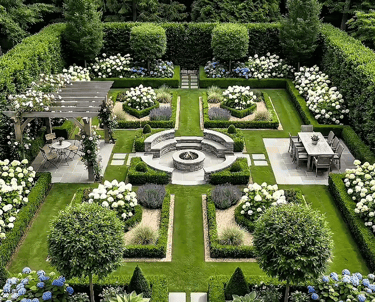 Symmetrical formal garden design featuring a central fire pit, manicured boxwood hedges, and white hydrangeas.
