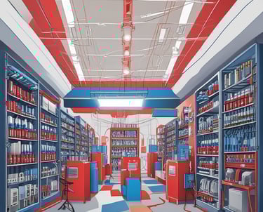 A friendly store employee assisting a customer with electrical supplies in a well-organized shop.