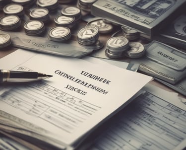 A professional reviewing company documents with a laptop and calculator on the desk.