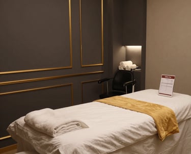 A serene treatment room softly lit, with a massage table prepared for a recovery session.