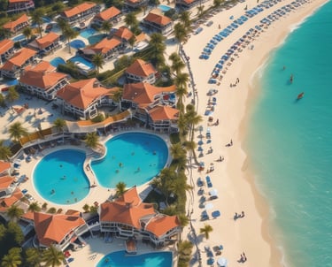 A serene all-inclusive beachfront resort with palm trees and turquoise waters.