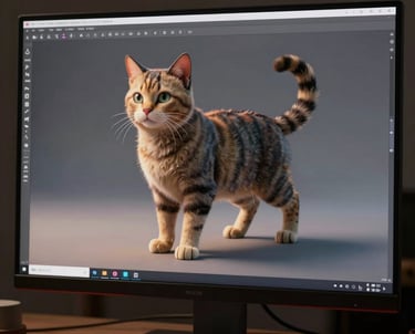 A studio photograph of a computer monitor showing a complex 3D character model of a cat in a T-pose for rigging. Warm lighting accents.