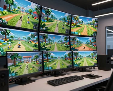 A photograph of a modern game studio with multiple screens showing vibrant 3D environments. North American / Global design. Professional lighting.